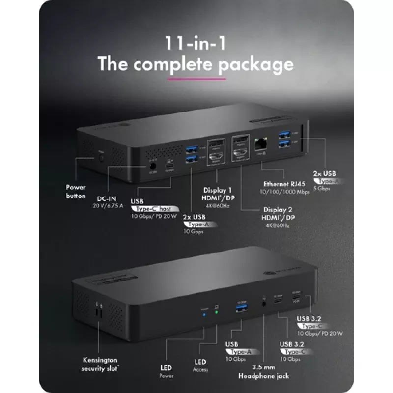 ICY BOX Heart Dock 2255 11-in-1 dokų stotelė, DisplayLink DL-6950, 2x HDMI/DP 4K@60Hz, 96W Power Delivery, Gigabit LAN, USB-C/A 10Gbps