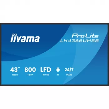 IIYAMA LH4366UHSB-B1AG 43 colių 4K UHD skaitmeninių reklamų ekranas, VA panelė, 500 cd/m², 24/7 veikimas, Android 9.0, Wi-Fi, 2x 10W garsiakalbiai
