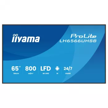 IIYAMA LH6566UHSB-B1AG 65 colių 4K UHD skaitmeninių ženklų ekranas su Android 11, 500 cd/m², 2x HDMI, USB-C, DP, WiFi, 18/7