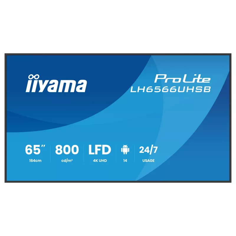 IIYAMA LH6566UHSB-B1AG 65 colių 4K UHD skaitmeninių ženklų ekranas su Android 11, 500 cd/m², 2x HDMI, USB-C, DP, WiFi, 18/7