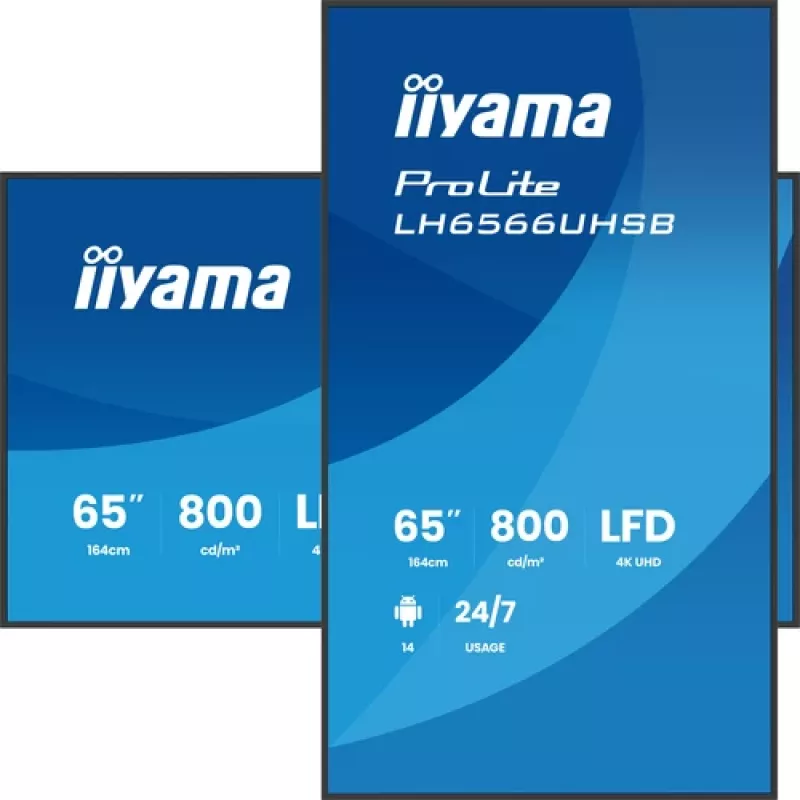 IIYAMA LH6566UHSB-B1AG 65 colių 4K UHD skaitmeninių ženklų ekranas su Android 11, 500 cd/m², 2x HDMI, USB-C, DP, WiFi, 18/7