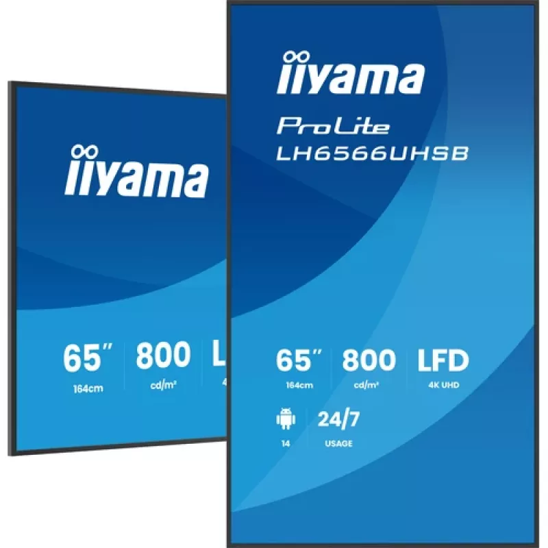 IIYAMA LH6566UHSB-B1AG 65 colių 4K UHD skaitmeninių ženklų ekranas su Android 11, 500 cd/m², 2x HDMI, USB-C, DP, WiFi, 18/7
