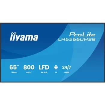 IIYAMA LH6566UHSB-B1AG 65 colių 4K UHD skaitmeninių ženklų ekranas su Android 11, 500 cd/m², 2x HDMI, USB-C, DP, WiFi, 18/7