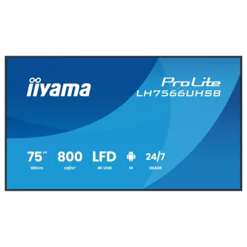 IIYAMA LH7566UHSB-B1AG 75 colių 4K UHD skaitmeninių iškabų ekranas su Android 11, 24/7 darbui