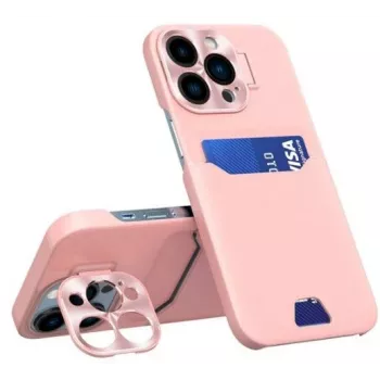 iLike Apple iPhone 14 Pro Max kortelių dėklas su stoveliu, odinė, rožinė