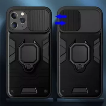iLike Apple iPhone 14 Pro Max Ring Lens dėklas juodas - hibridinis apsauginis dangtelis su integruotu žiedu, objektyvo apsauga, smūgių sugėrimu, belaidžio įkrovimo palaikymu