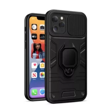 iLike Apple iPhone 14 Pro Max Ring Lens dėklas juodas - hibridinis apsauginis dangtelis su integruotu žiedu, objektyvo apsauga, smūgių sugėrimu, belaidžio įkrovimo palaikymu