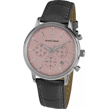 JACQUES LEMANS Liverpool Vyriškas Chronografo Laikrodis 1-209F 39mm Nerūdijantis Plienas Juodas Ciferblatas