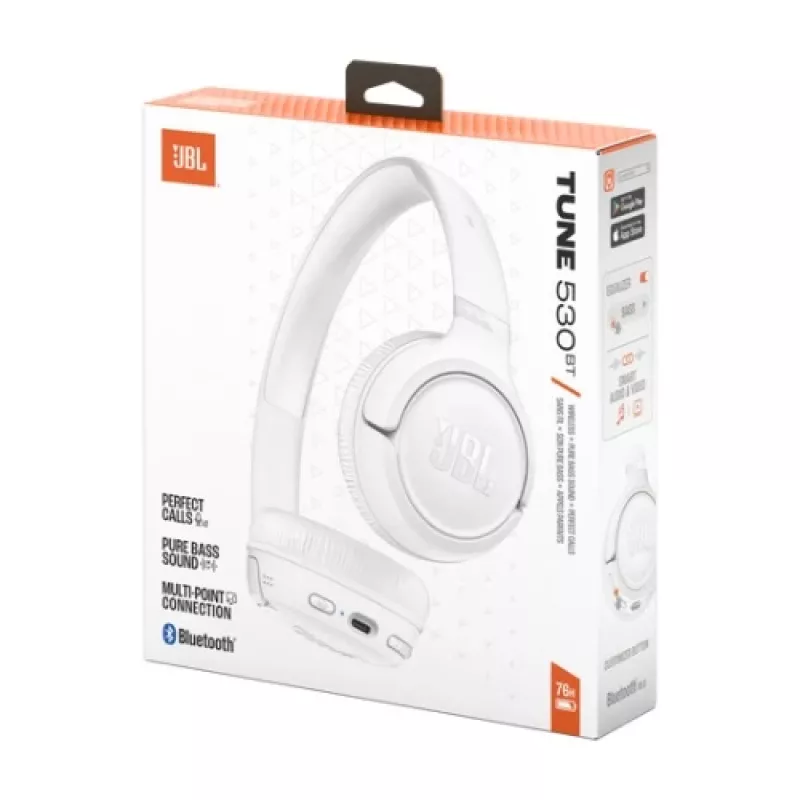 JBL Tune 530BT belaidės ant ausų ausinės su Pure Bass, Bluetooth 5.3, 57 val. baterija, sulankstomos – baltos