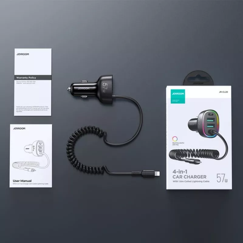 Joyroom 4-in-1 Fast Car Charger PD QC3.0 AFC FCP su 1,6m 57W Lightning kabeliu, juodas