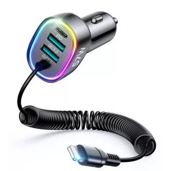 Joyroom 4-in-1 Fast Car Charger PD QC3.0 AFC FCP su 1,6m 57W Lightning kabeliu, juodas