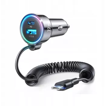 Joyroom Automobilinis Įkroviklis 3-in-1, C+U su Type-C Susukamu Kabeliu 1,6m, 72W, Juodas (JR-CL07)