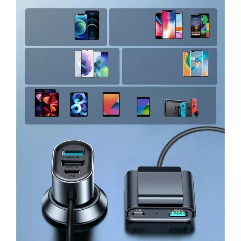 Joyroom JR-CL05 72W 5-Port automobilinis įkroviklis su 2xPD ir 2xQC3.0, 1,5m kabeliu, juodas