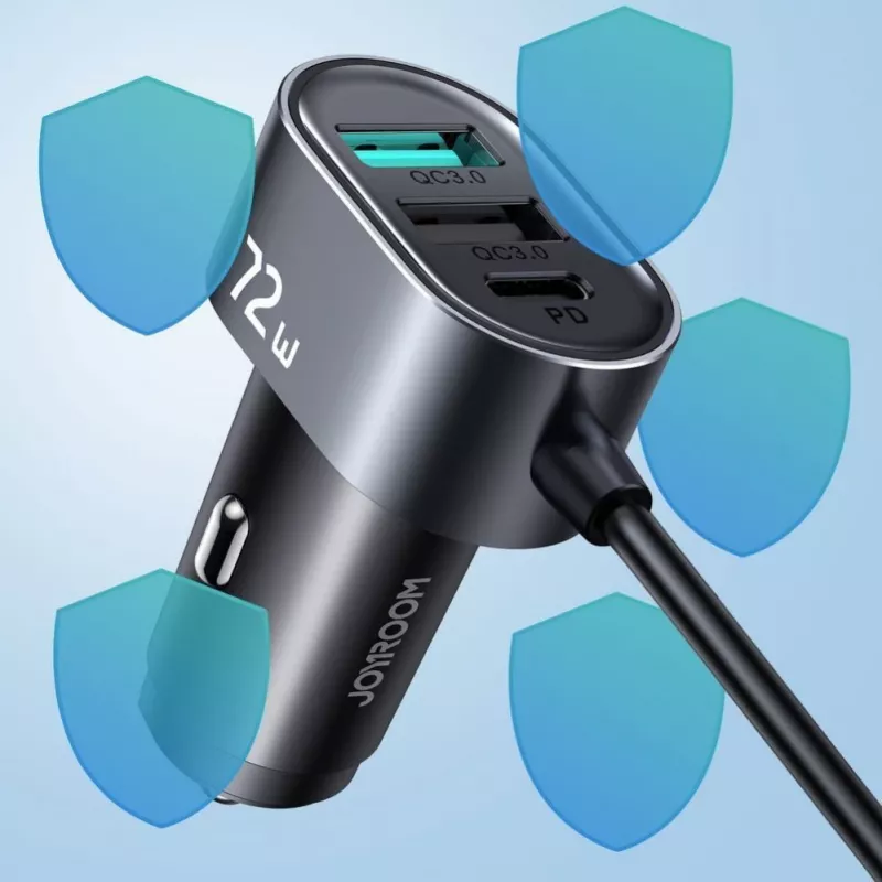Joyroom JR-CL05 72W 5-Port automobilinis įkroviklis su 2xPD ir 2xQC3.0, 1,5m kabeliu, juodas