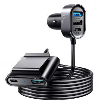 Joyroom JR-CL05 72W 5-Port automobilinis įkroviklis su 2xPD ir 2xQC3.0, 1,5m kabeliu, juodas