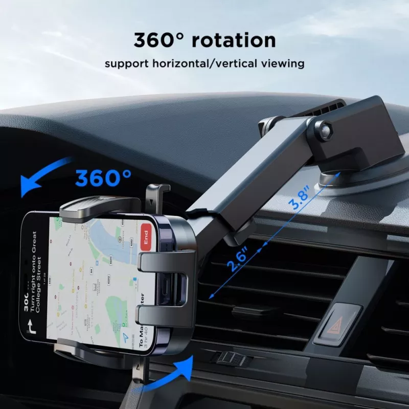 Joyroom JR-OK6 automobilinis telefono laikiklis – pritvirtinamas prie prietaisų skydelio arba priekinio stiklo su siurbtuku – universalus 4,7–7,2 colių išmaniesiems telefonams – 360° sukimas – juodas