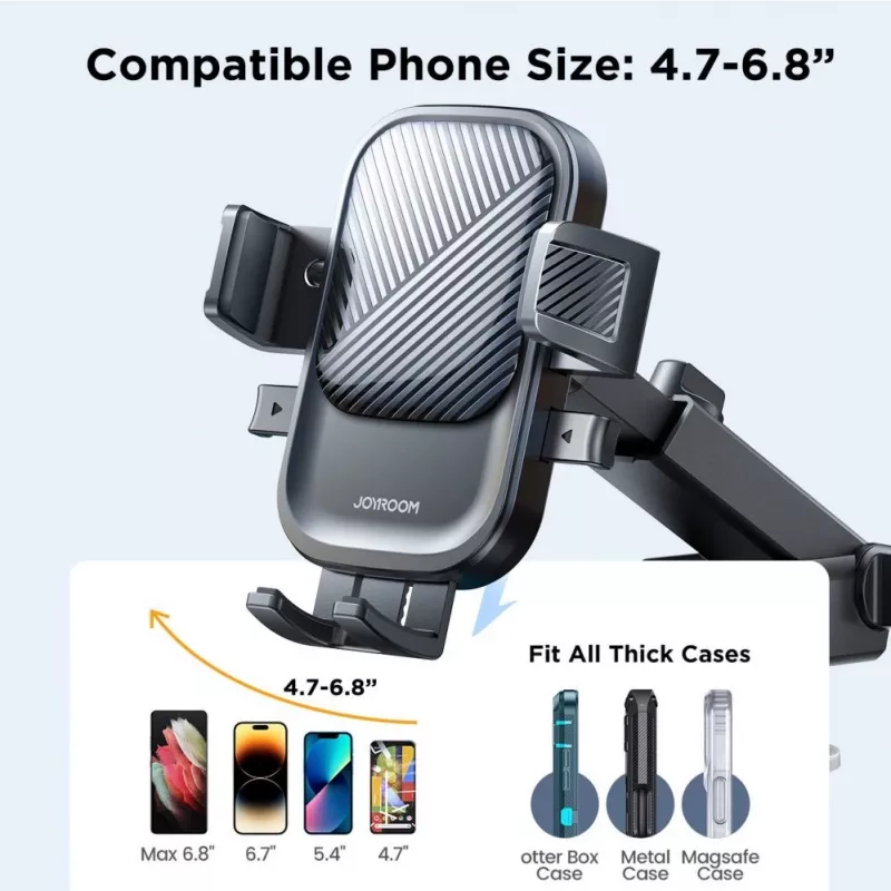 Joyroom JR-OK6 automobilinis telefono laikiklis – pritvirtinamas prie prietaisų skydelio arba priekinio stiklo su siurbtuku – universalus 4,7–7,2 colių išmaniesiems telefonams – 360° sukimas – juodas