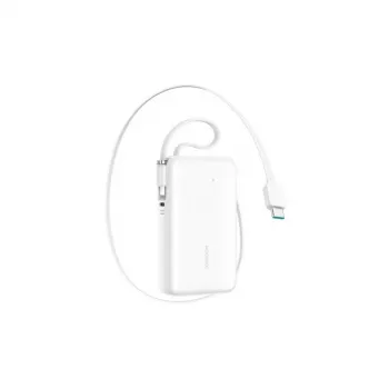 Joyroom JR-PR2L Power Bank 10000 mAh 35W su įmontuotu ištraukiamu USB-C ir Lightning laidu (0,7 m) balta