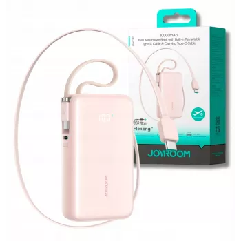 Joyroom JR-PR2L Power Bank 10000 mAh 35W su skaitmeniniu ekranu, įmontuotais ištraukiamais 2x USB-C laidais (0,7 m) Rožinė