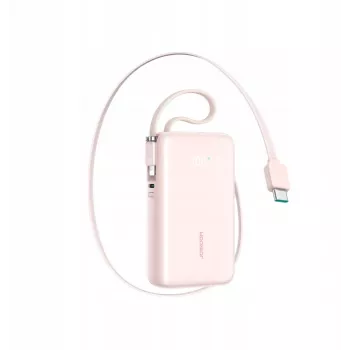 Joyroom JR-PR2L Power Bank 10000 mAh 35W su Skaitmeniniu Ekranu, Įtraukiamais USB-C ir Lightning Kabeliais (0,7m) Rožinis