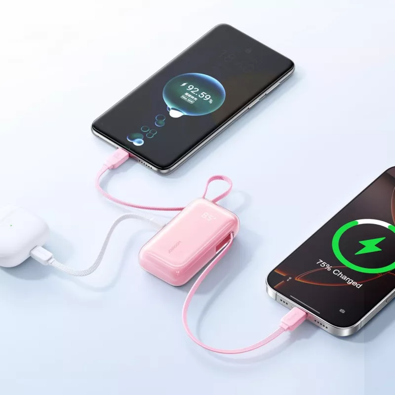Joyroom JR-PR2L Power Bank 10000 mAh 35W su Skaitmeniniu Ekranu, Įtraukiamais USB-C ir Lightning Kabeliais (0,7m) Rožinis