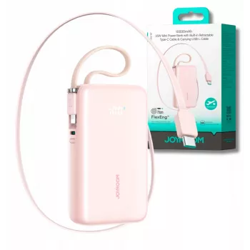 Joyroom JR-PR2L Power Bank 10000 mAh 35W su Skaitmeniniu Ekranu, Įtraukiamais USB-C ir Lightning Kabeliais (0,7m) Rožinis