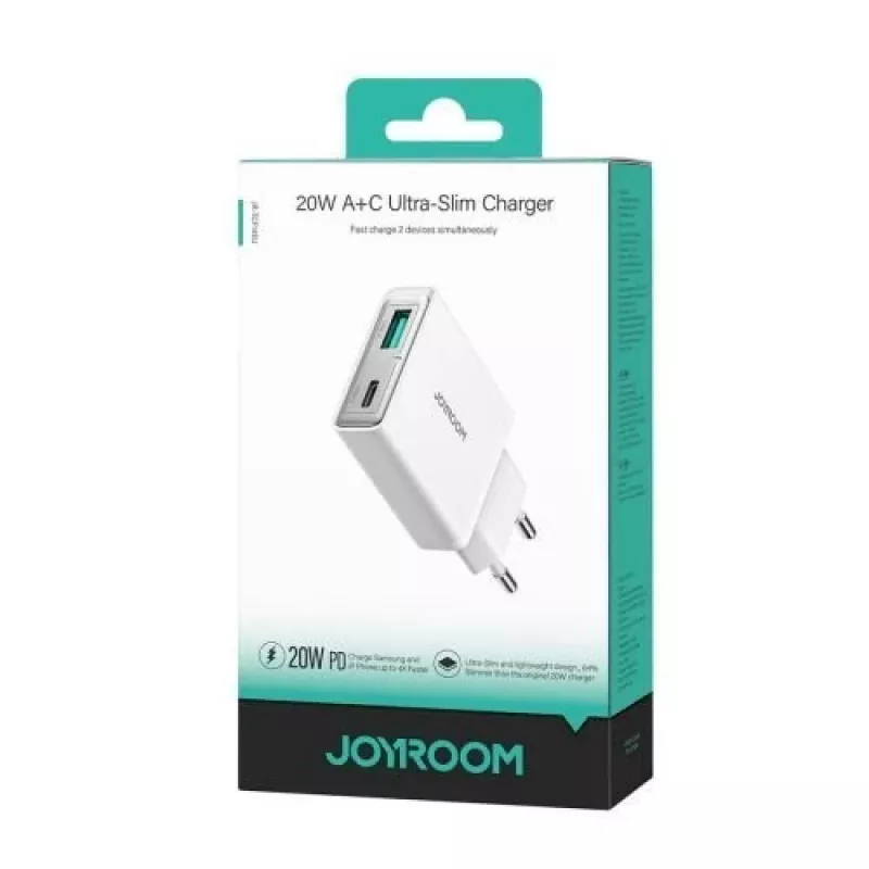 JOYROOM JR-TCF14-WHT 20W PD 3.0 ir QC 3.0 dviejų prievadų sieninis USB įkroviklis - baltas