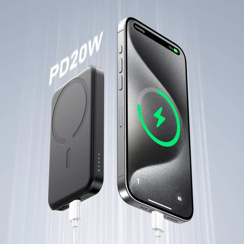 JOYROOM JR-W020 Mini Power Bank 5000mAh 20W USB-A USB-C Wireless Charging - Juoda + USB-C laidas