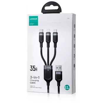 JOYROOM S-1T3018A18 3-in-1 krovimo laidas USB-A į USB-C/Micro-USB/Lightning, 30cm pintas nailonas, 3.5A, juodas