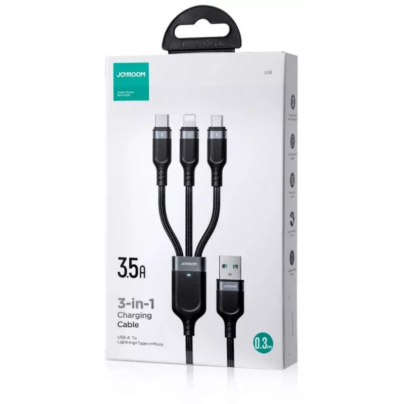 JOYROOM S-1T3018A18 3-in-1 krovimo laidas USB-A į USB-C/Micro-USB/Lightning, 30cm pintas nailonas, 3.5A, juodas