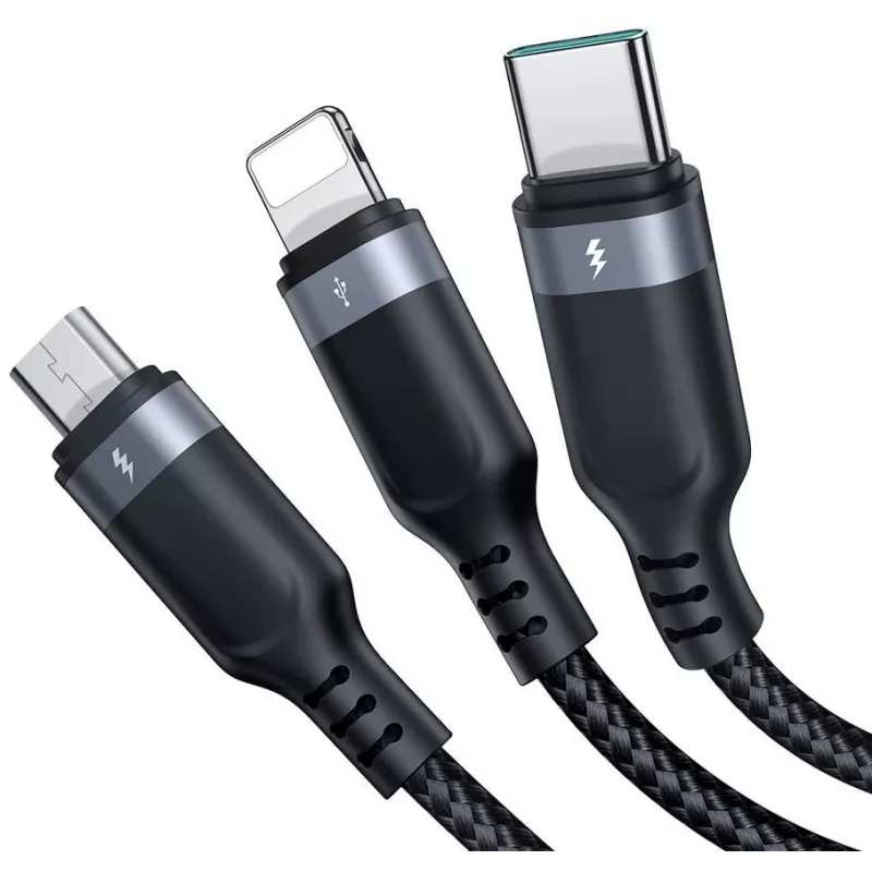 JOYROOM S-1T3018A18 3-in-1 krovimo laidas USB-A į USB-C/Micro-USB/Lightning, 30cm pintas nailonas, 3.5A, juodas