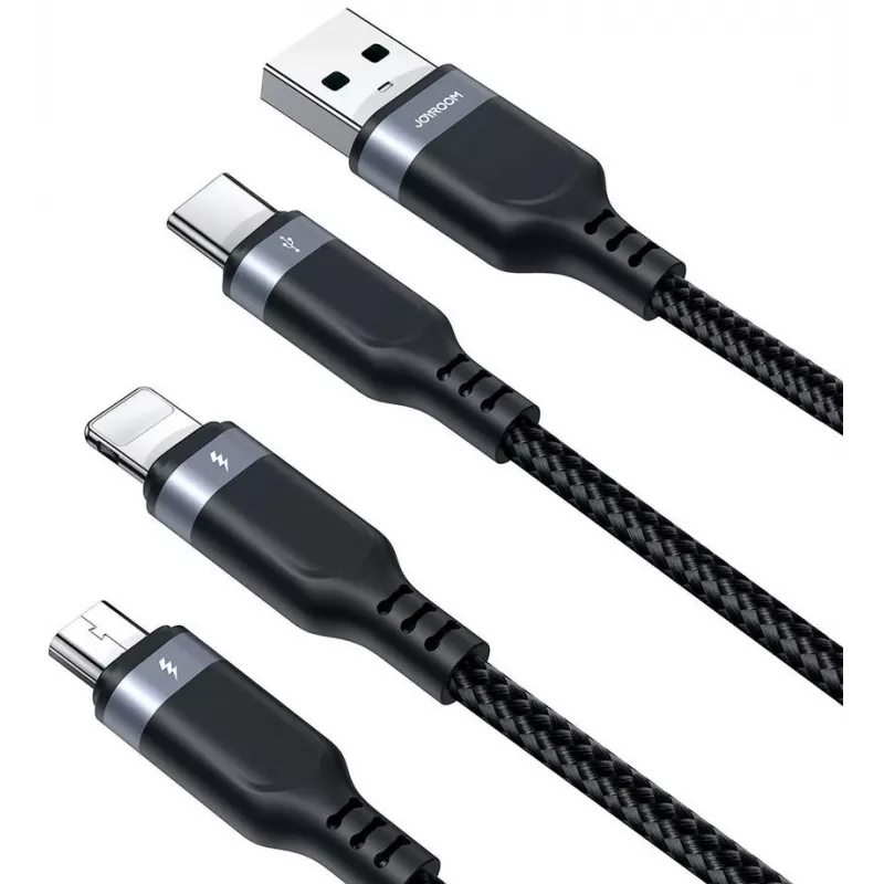 JOYROOM S-1T3018A18 3-in-1 krovimo laidas USB-A į USB-C/Micro-USB/Lightning, 30cm pintas nailonas, 3.5A, juodas