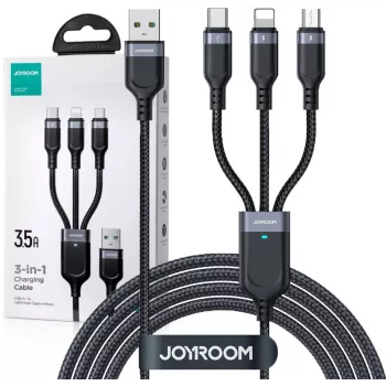 JOYROOM S-1T3018A18 3-in-1 krovimo laidas USB-A į USB-C/Micro-USB/Lightning, 30cm pintas nailonas, 3.5A, juodas