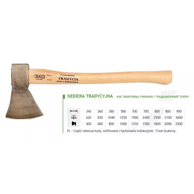 JUCO 33007 Kirvis – 600 g kaltinio anglinio plieno galva, 360 mm medinė rankena