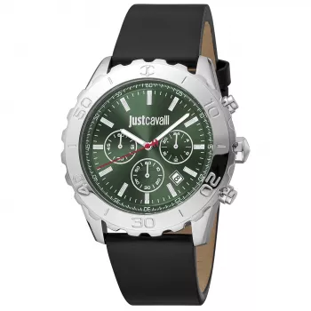 JUST CAVALLI MAN JC1G214L0015 46mm Quartz Analog Watch Black Dial Black Leather Strap