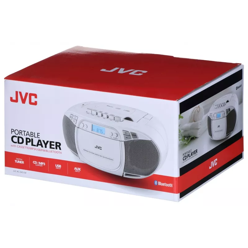 JVC RC-E451W nešiojamas CD grotuvas su FM/AM radiju, AUX įvestimi ir bosu, baltas