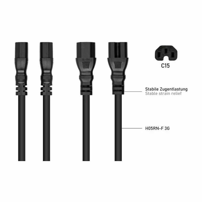 Kabelmeister C14 į C15 karštojo režimo maitinimo laidas 0,5 m 10A 250V juodas