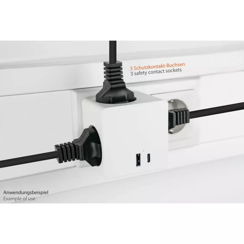 KABELMEISTER Power Strip Cube su 3x Schutzkontakt lizdais, USB-C 20W PD 3.0 ir USB-A 18W, 1.5m, baltas