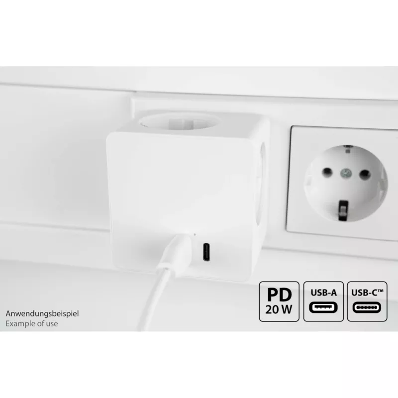 KABELMEISTER Power Strip Cube su 3x Schutzkontakt lizdais, USB-C 20W PD 3.0 ir USB-A 18W, 1.5m, baltas