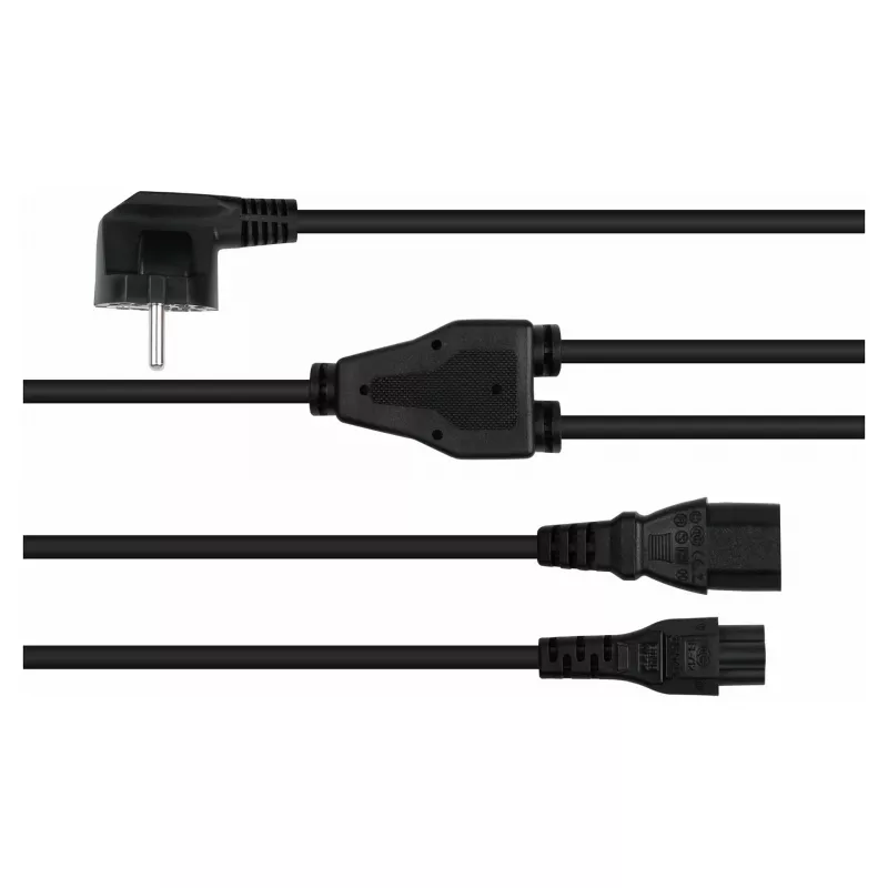 Kabelmeister Schuko Power Splitter Cable, 90° kampu lenktas kištukas į C13 + C5, juodas, 2m