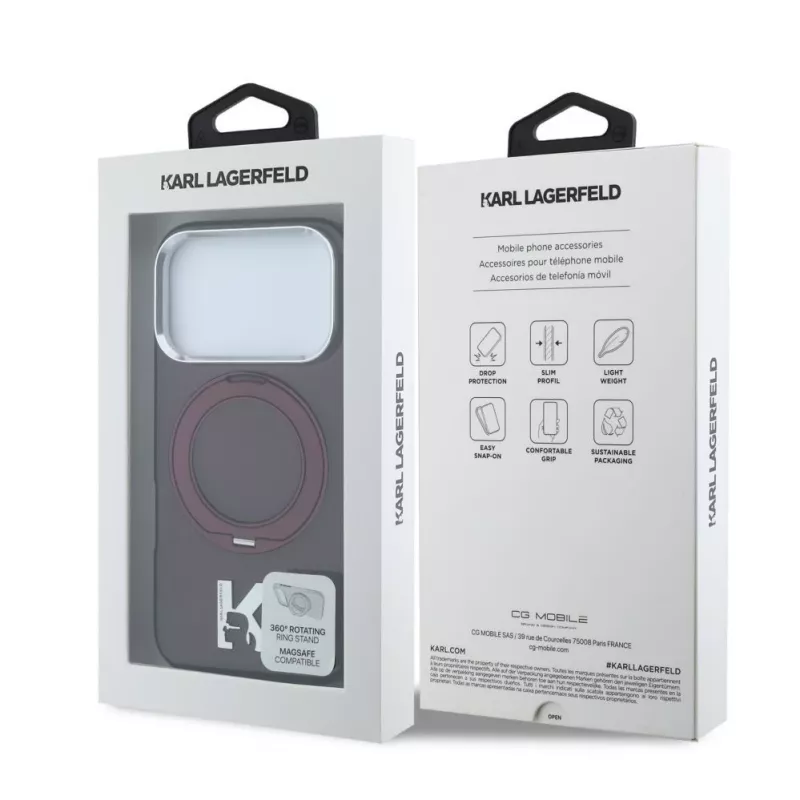 Karl Lagerfeld IML Ring Stand 360 Kameo Metal MagSafe dėklas, skirtas iPhone 18 Pro / 17 Pro - bordo spalvos