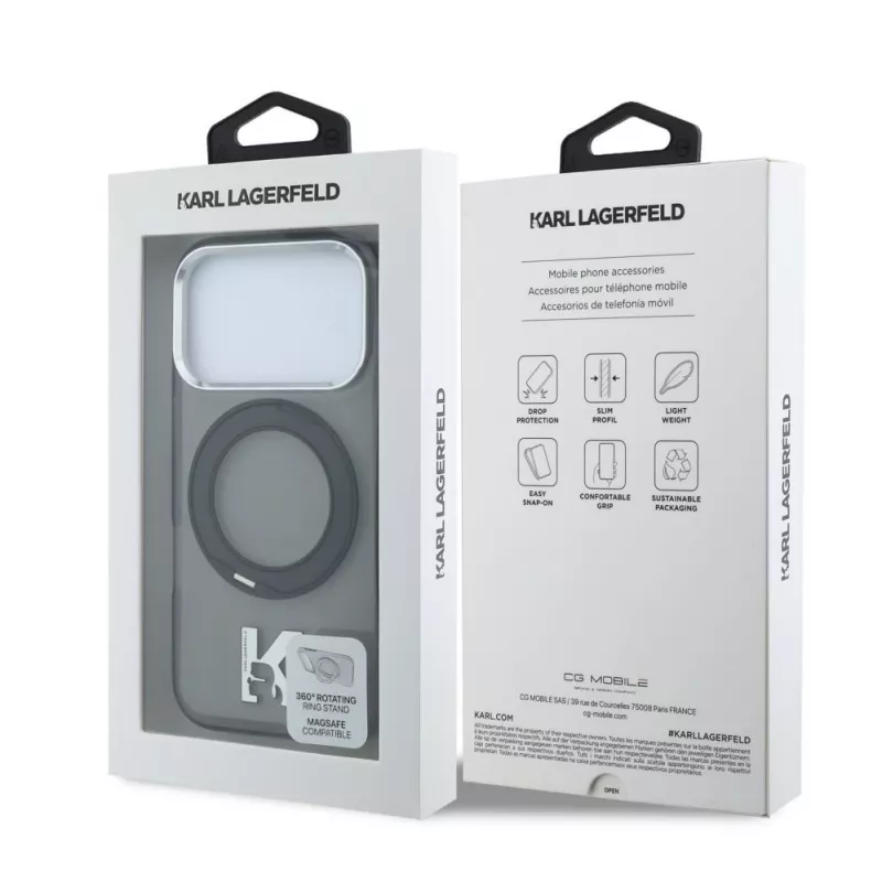Karl Lagerfeld iPhone 18 Pro / 17 Pro MagSafe IML Ring Stand 360 Kameo Metal dėklas - juodas