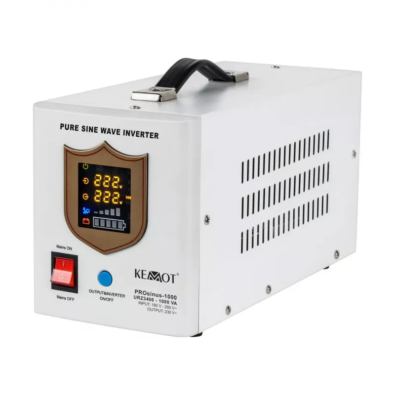 KEMOT PROsinus-1000 avarinis maitinimo blokas – gryno sinusoidės keitiklis su 12V įkrovimo funkcija, 230V, 1000VA/700W