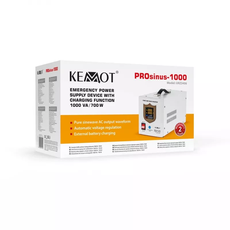 KEMOT PROsinus-1000 avarinis maitinimo blokas – gryno sinusoidės keitiklis su 12V įkrovimo funkcija, 230V, 1000VA/700W