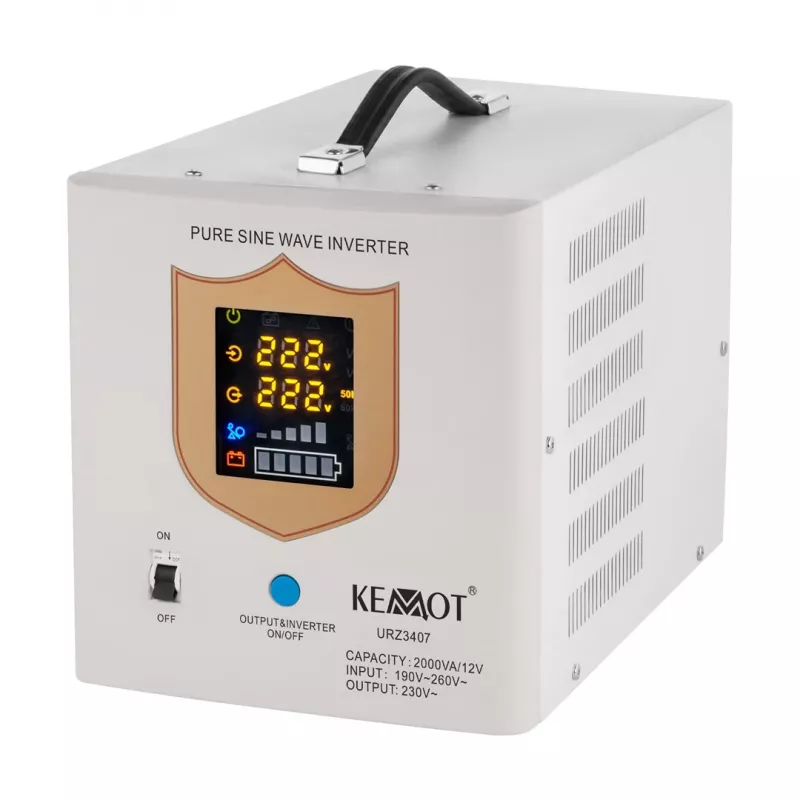 KEMOT PROsinus-2000 avarinis maitinimo blokas – gryno sinusoidės keitiklis su 12V įkrovimo funkcija, 230V, 2000VA/1200W