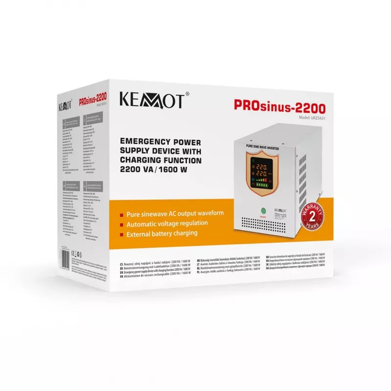 KEMOT PROsinus-2200 grynojo sinusoidės keitiklis su 12V įkrovimo funkcija, 230V, 2200VA/1600W