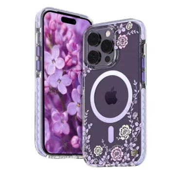 Kingxbar Apple iPhone 14 Pro MagSafe dėklas su bijūnų raštu Flora Series violetinis