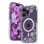 Kingxbar Apple iPhone 14 Pro MagSafe dėklas su bijūnų raštu Flora Series violetinis