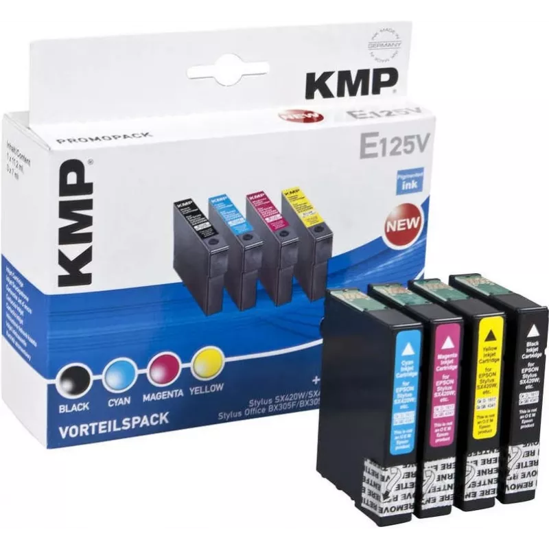 KMP E125V suderinamos rašalo kasetės, 3 vnt. rinkinys – žydra, purpurinė, geltona, skirta Epson Stylus SX230, SX235, SX430, SX438, WorkForce WF-3520, WF-3530, WF-3540, WF-7015, WF-7515, WF-7525