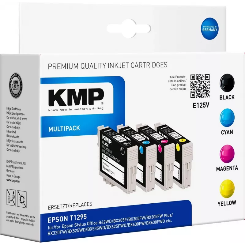 KMP E125V suderinamos rašalo kasetės, 3 vnt. rinkinys – žydra, purpurinė, geltona, skirta Epson Stylus SX230, SX235, SX430, SX438, WorkForce WF-3520, WF-3530, WF-3540, WF-7015, WF-7515, WF-7525